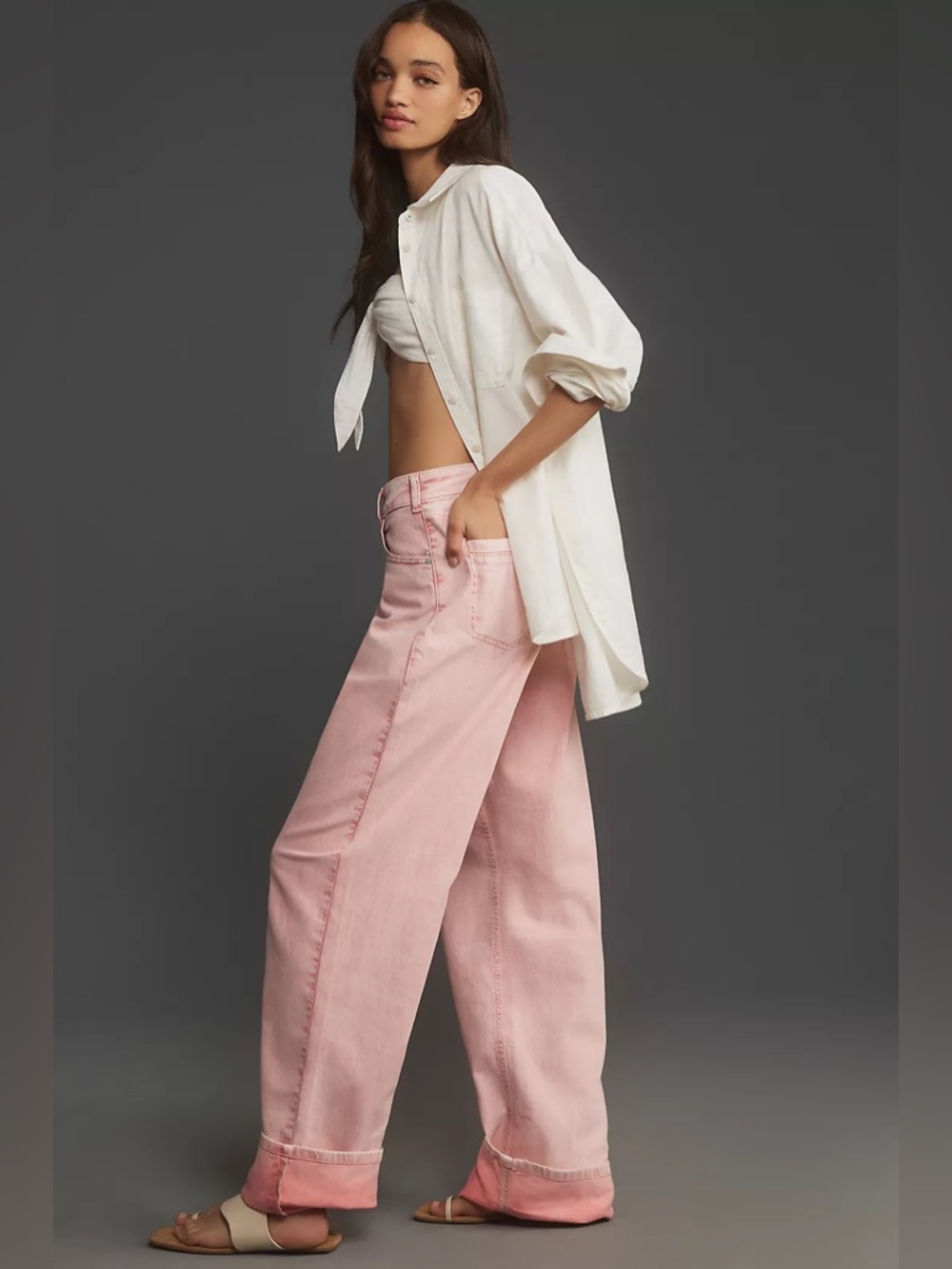 Anthro Pilcro Pink Baggy Wide Leg Cuff Optional Jeans EUC Size 26 Oversized EUC - Picture 3 of 8